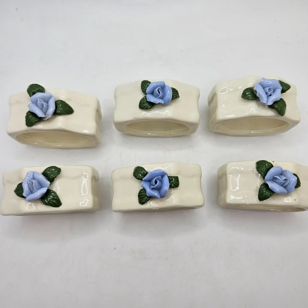 Vintage Porcelain Napkin Rings Set of 6 Blue Rose Floral Grannycore Cottagecore